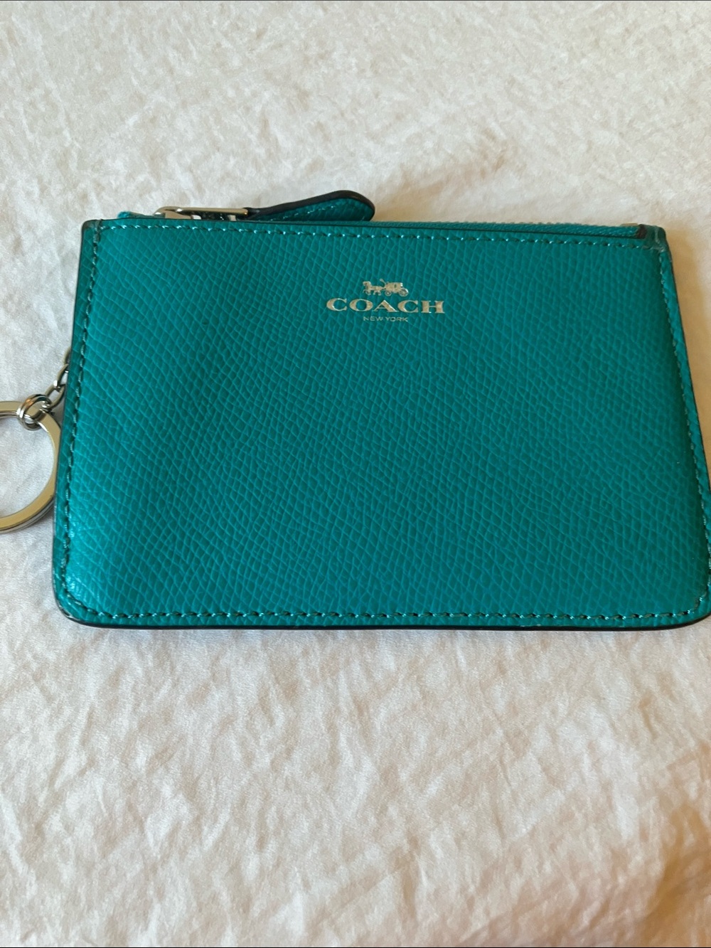 COACH: Teal Pebble Leather Zip Card Case with Keyring